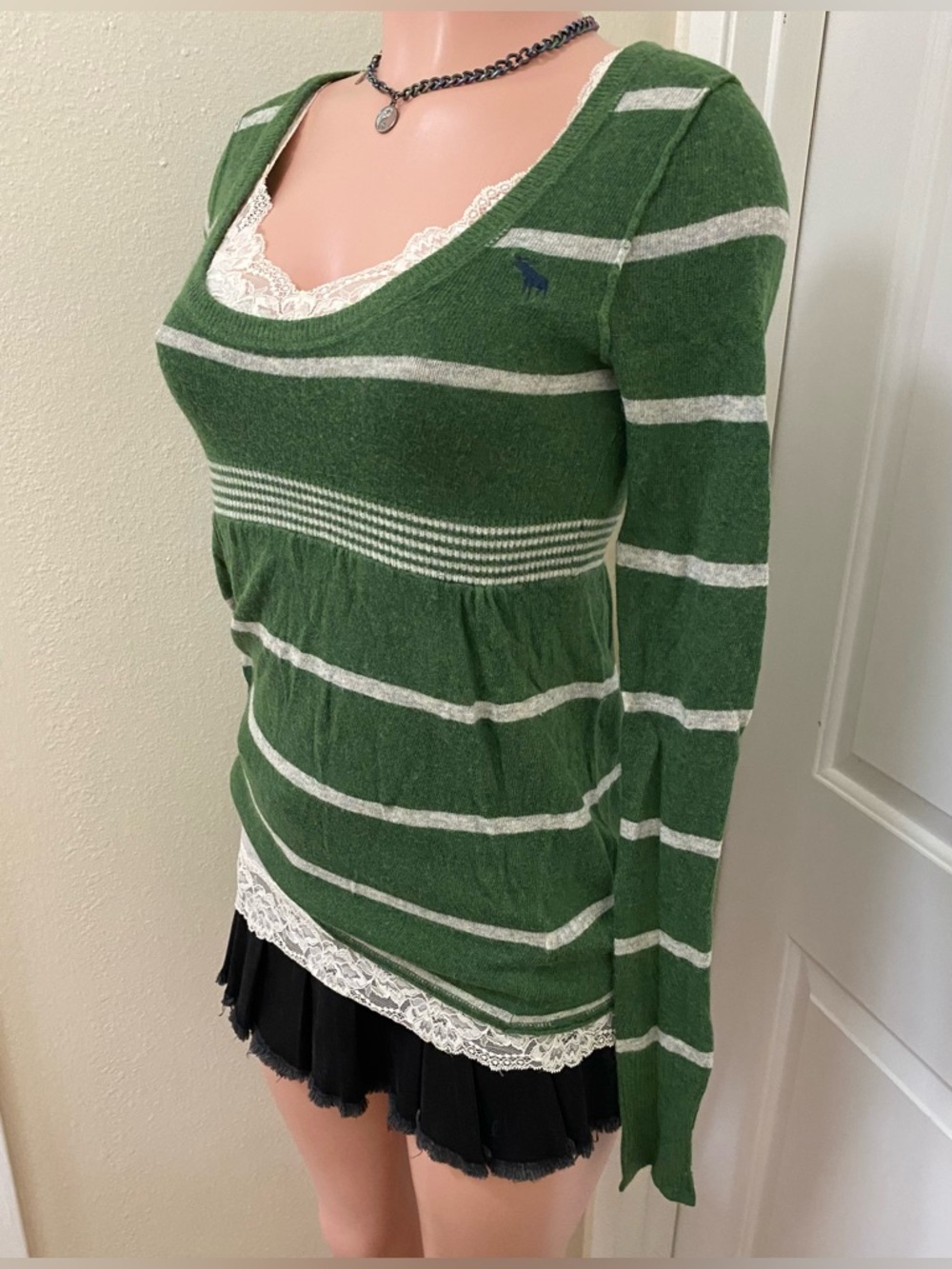 Y2k vintage Abercrombie green and white striped babydoll long sleeve sweater - Picture 3 of 15